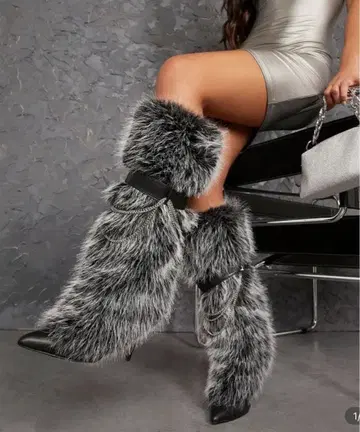 퍼 하이힐 부츠 그레이 체인 장식 포함