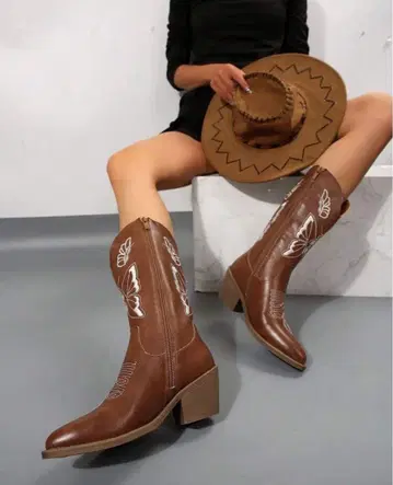 버터플라이 자수 브라운 웨스턴 부츠