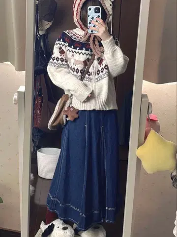 노르딕 니트 데님 스커트 세트