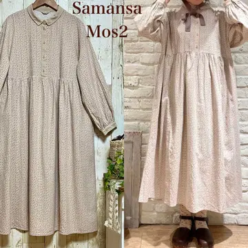 사만사 모스모스 옷깃 배색 미니 꽃무늬 원피스 베이지