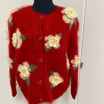 핑크하우스 꽃무늬 모티브 모헤어 가디건 빨간색