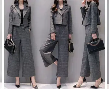 그레이 체크 미 실루엣 팬츠 수트