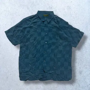 빈티지 반팔 셔츠 체크 무늬 다크 그린 캐주얼 구제 의류