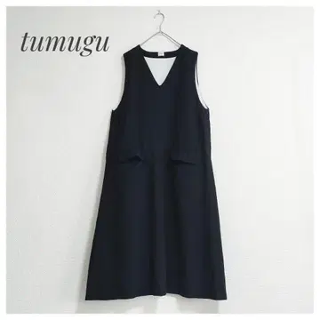 tumugu 울코튼 트윌 와셔 V넥 원피스 블랙 FREE