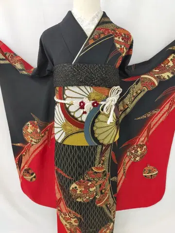 새상품급 순수 실크 교유젠 후리소데 3점 세트