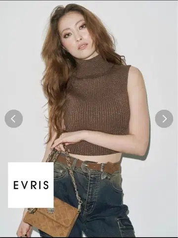EVRIS 라메 니트 슬리브리스 브라운