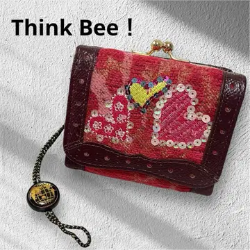 Think Bee! 하트 자수 3단 폴더형 지갑 가마구치 핑크 브라운