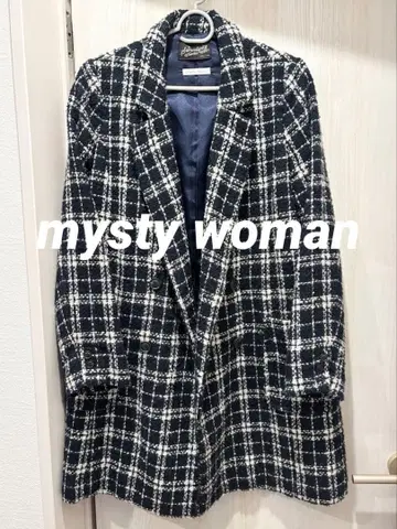 미스티우먼 롱 코트 체스터 코트 네이비 체크 L