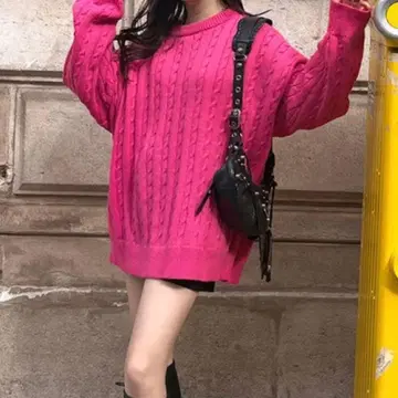 nugu VISCO 오버핏 케이블 라운드 니트 핑크