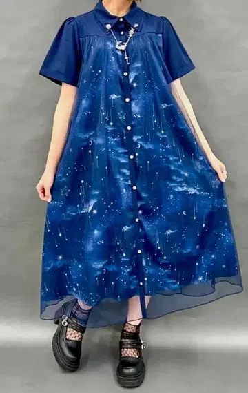 axes femme 별 프린트 셔츠 원피스 반팔 네이비