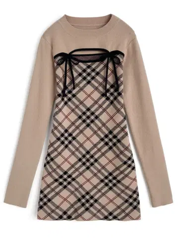 GRL 체크 무늬 프론트 오픈 리본 니트 미니 원피스