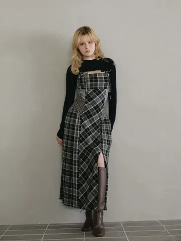 andmary Nadia check long dress Black