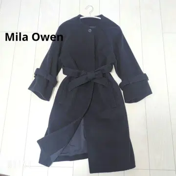 미라 오웬 노카라 롱 코트 A라인 울 네이비 벨트