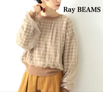 RayBEAMS 깅엄 튤 레이어 풀오버 카멜