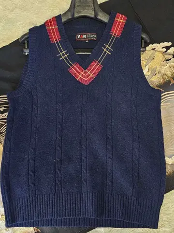 밴 재킷 2개 세트 네이비 V넥 베스트 체크 옷깃