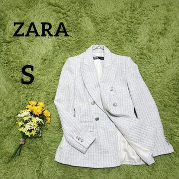 [ 자라 ] 트위드 자켓 S 블루 x 화이트 라메 믹스 더블 버튼