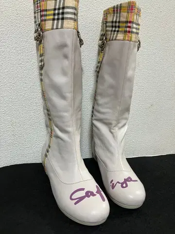 소가죽 화이트 롱 부츠 체크 무늬