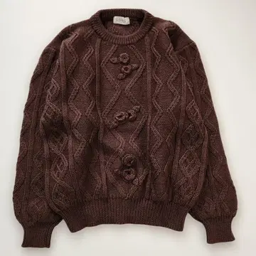 3D 입체 모티브 꽃 스웨터 두툼 브라운 L 사이즈 케이블 짜임 손뜨개질