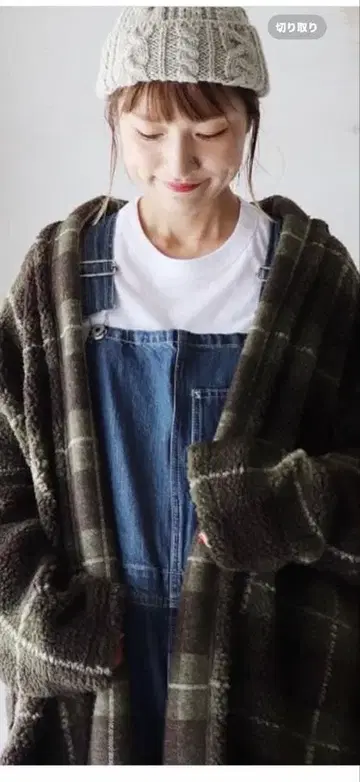 이치 올리브 그린 브라운 체크 플리스 자켓 내추럴