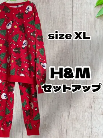 [ H&M ] 크리스마스 셋업 룸웨어 긴팔 따뜻한 빨간색 올 패턴 XL