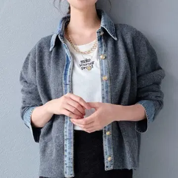 시착만 한 상품 이소재 절개 데님 도킹 니트 가디건 차콜 그레이