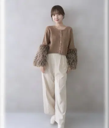 MELLOWNEON 니트 스웨터 퍼 슬리브 니트 가디건 브라운