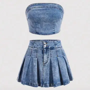 데님 셋업 튜브탑 플리츠 스커트