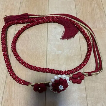 빨간 꽃 장식이 특징인 허리띠 후리소데 성인식