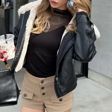 ampm 보아 옷깃 인조 가죽 숏 자켓