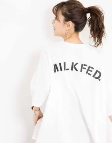 밀크페도 로고 티셔츠 튜닉 7부 기장 코튼 화이트 롱 F