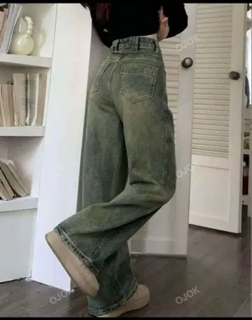 [ 미사용 ] 올리브 그린 스트레이트 데님 하이웨스트