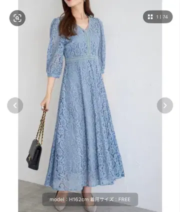 &.NOSTALGIA 레이스 V넥 원피스 그레이쉬 블루 M 사이즈