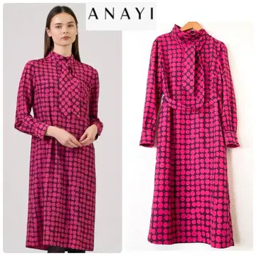 아나이 34 카라 도트 프린트 보타이 색 원피스