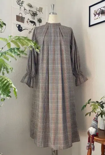 Ray BEAMS 체크 스탠드 카라 롱 원피스