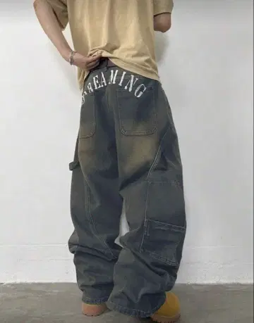 와이드 레그 배기 데님 블루