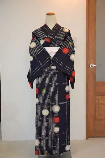 코몬 기모노 네이비 빨간색 화이트