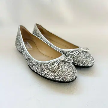 새상품급 JIMMY CHOO 글리터 플랫슈즈 실버 37