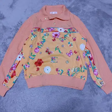 LEONARD SPORT 오렌지 꽃무늬 피케 셔츠 긴팔 골드 버튼