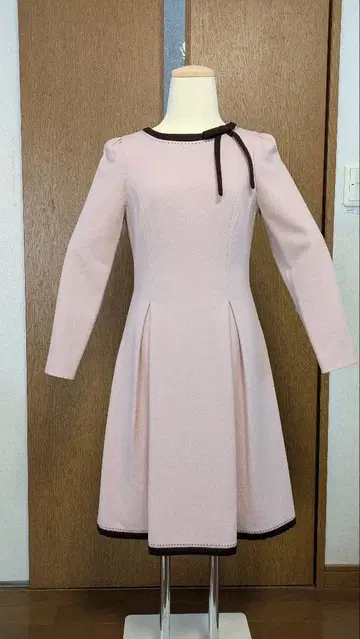 핑크 플레어 원피스 긴팔 리본 포함