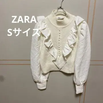 ZARA 자라 니트 화이트 퍼프 슬리브 하이넥 프릴
