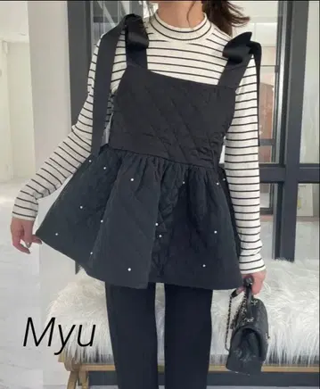 Myu 미우 펄 리본 퀼팅 페플럼 뷔스티에