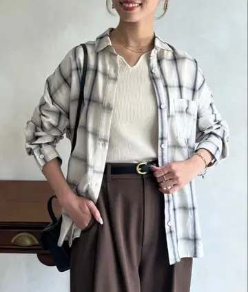 인기! 허리 조임 체크 셔츠