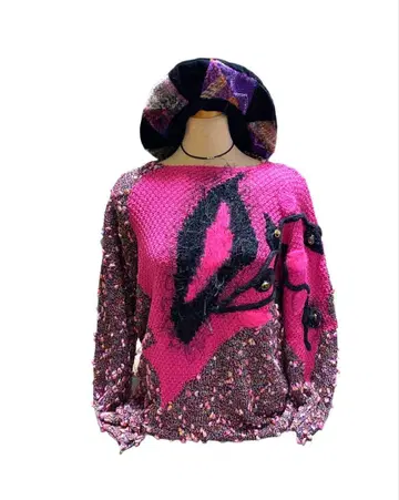 빈티지 아트 니트 스웨터 팝콘 핑크 itimi 구제 의류