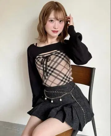 nomae 체크 리본 숏 레이어드 니트