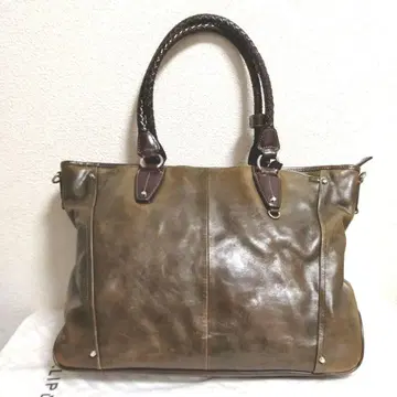 키퍼노이 비즈니스 토트백 올리브 그린 뜨개질 핸들 천연 가죽