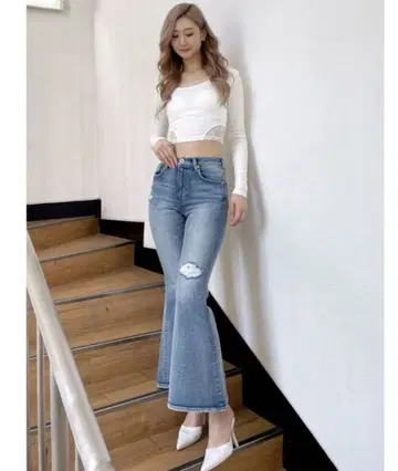 GYDA 하이웨스트 데미지 플레어 데님 라이트 블루