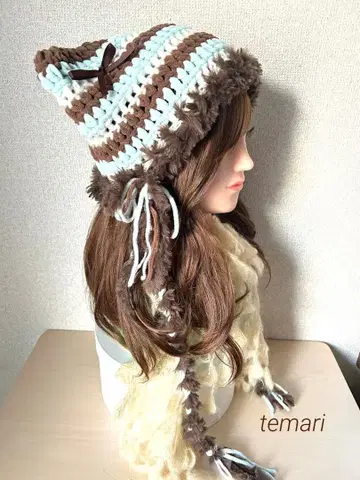 고양이 귀 니트 모자 고양이 귀 리본 손뜨개질 핸드메이드 y2k 한국