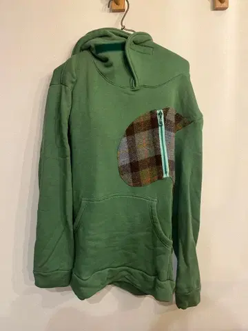 FUNCTION 해리스 트위드 그린 체크 무늬 포켓 후드티