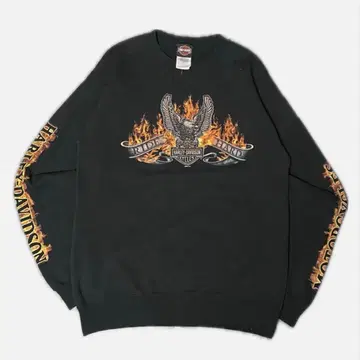 할리데이비슨 블랙 맨투맨 소매 프린트 파이어 이글