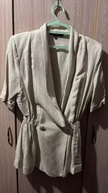 베이지 반팔 튜닉 허리 조임